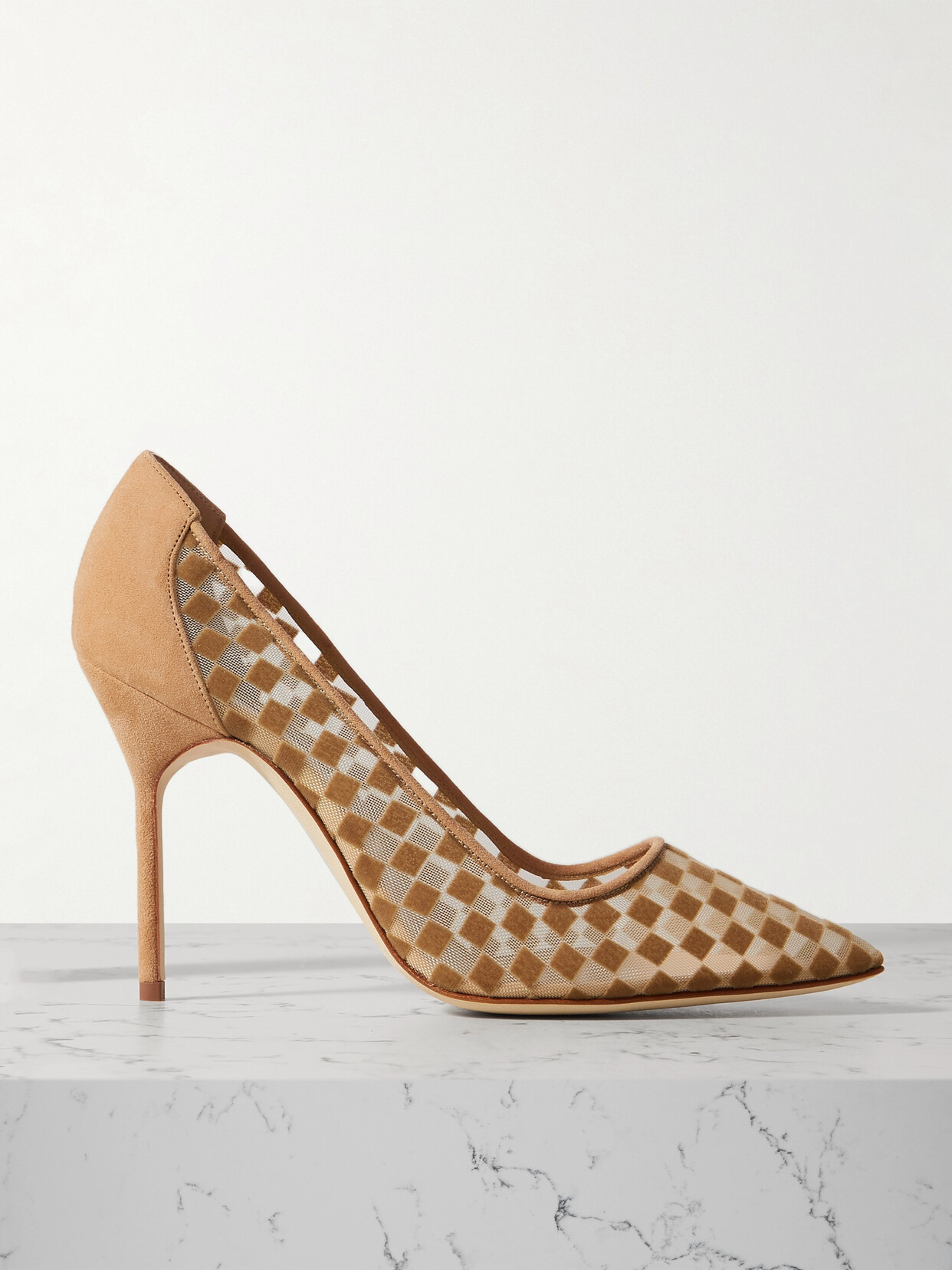 Manolo Blahnik Bbla 105 Suede And Flocked Mesh Pumps - Neutrals