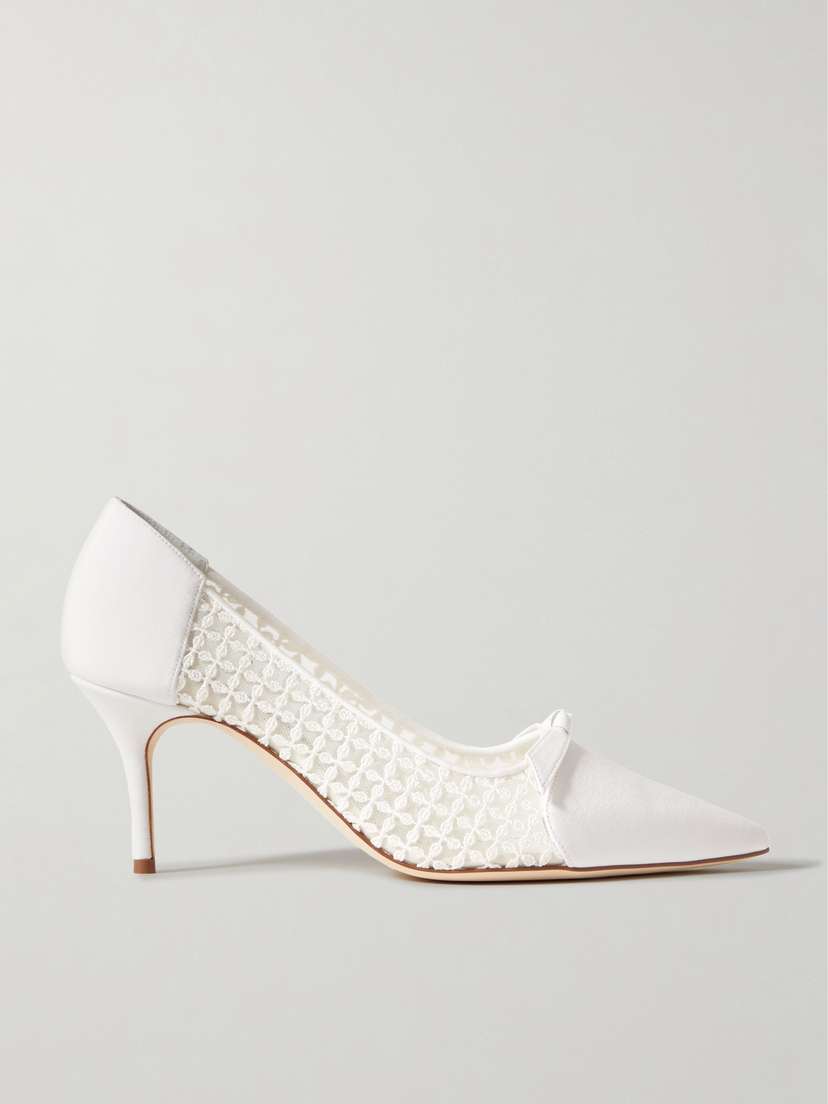 Manolo Blahnik Rinialola 70 Bow-embellished Embroidered Mesh And Crepe De Chine Pumps