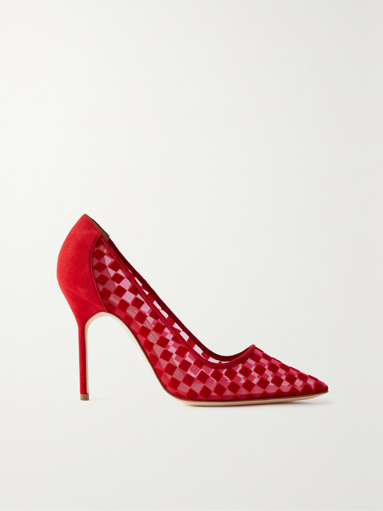 Shop Manolo Blahnik Bbla 105 Suede And Flocked Mesh Pumps In Red