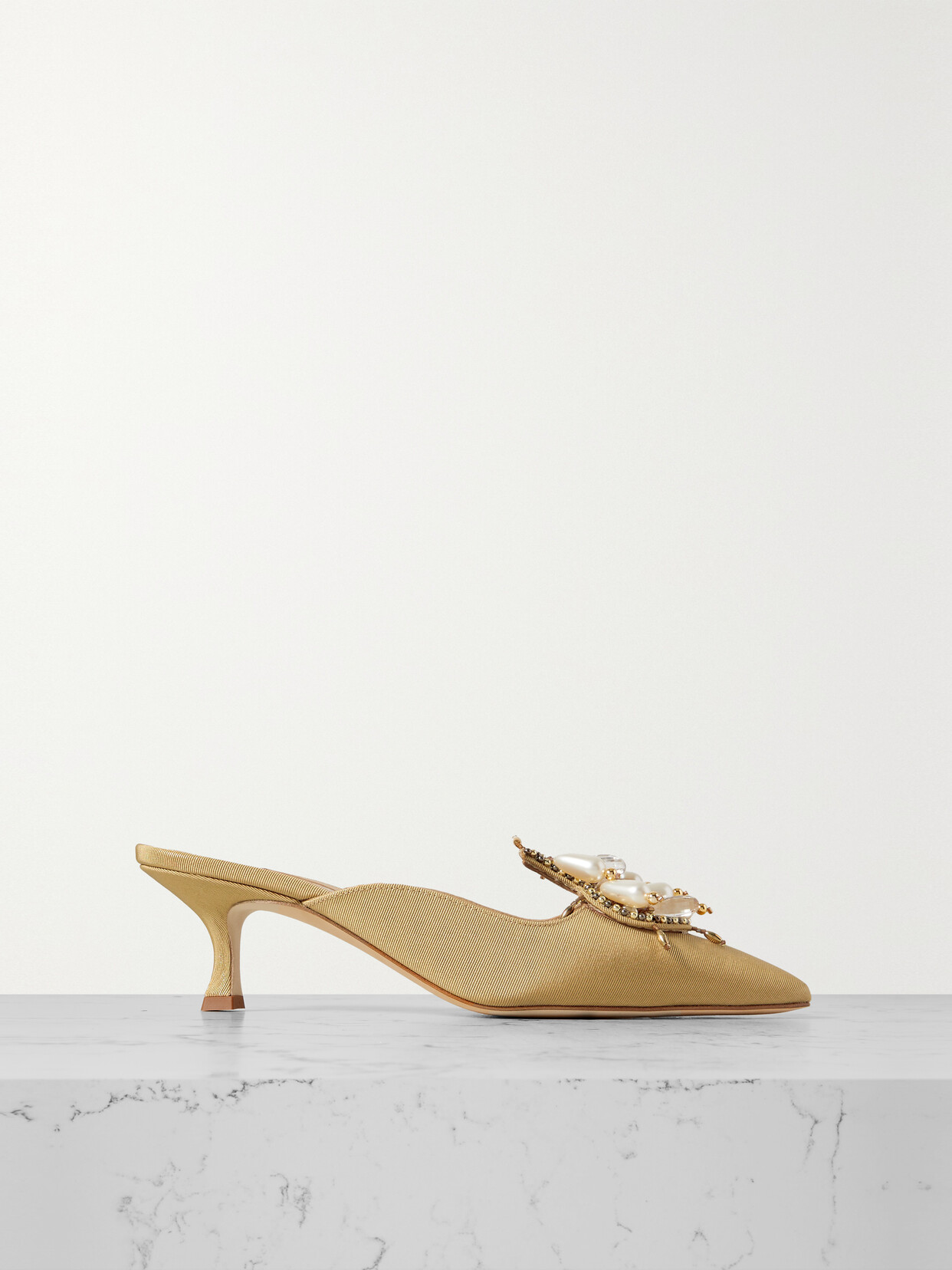 Shop Manolo Blahnik Orientalia 50 Embellished Grosgrain Mules In Gold