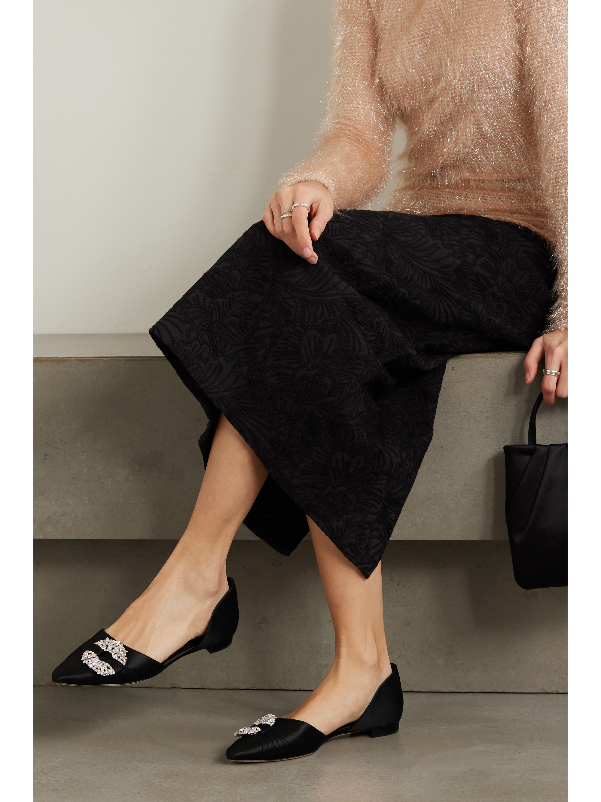 MANOLO BLAHNIK Luanda crystal-embellished satin point-toe flats
