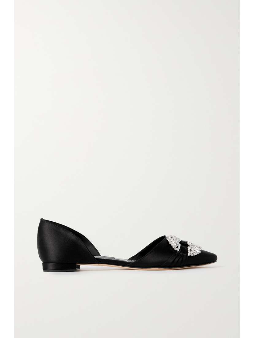 Manolo Blahnik Luanda Crystal-embellished Satin Point-toe Flats
