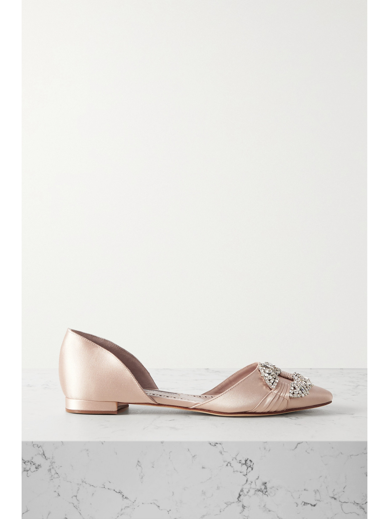 Manolo Blahnik Luanda Crystal-embellished Satin Point-toe Flats In Neutrals