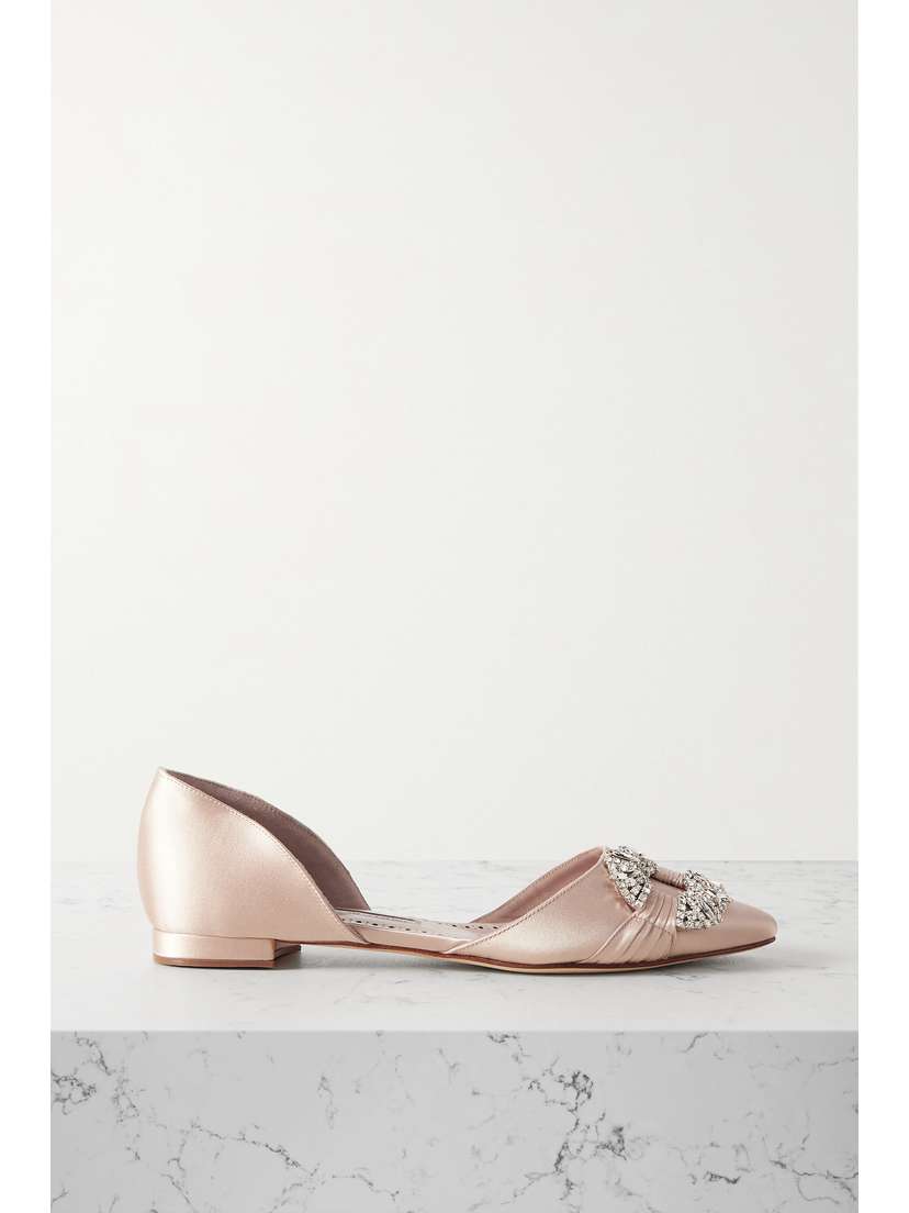 Manolo Blahnik Luanda Crystal-embellished Satin Point-toe Flats