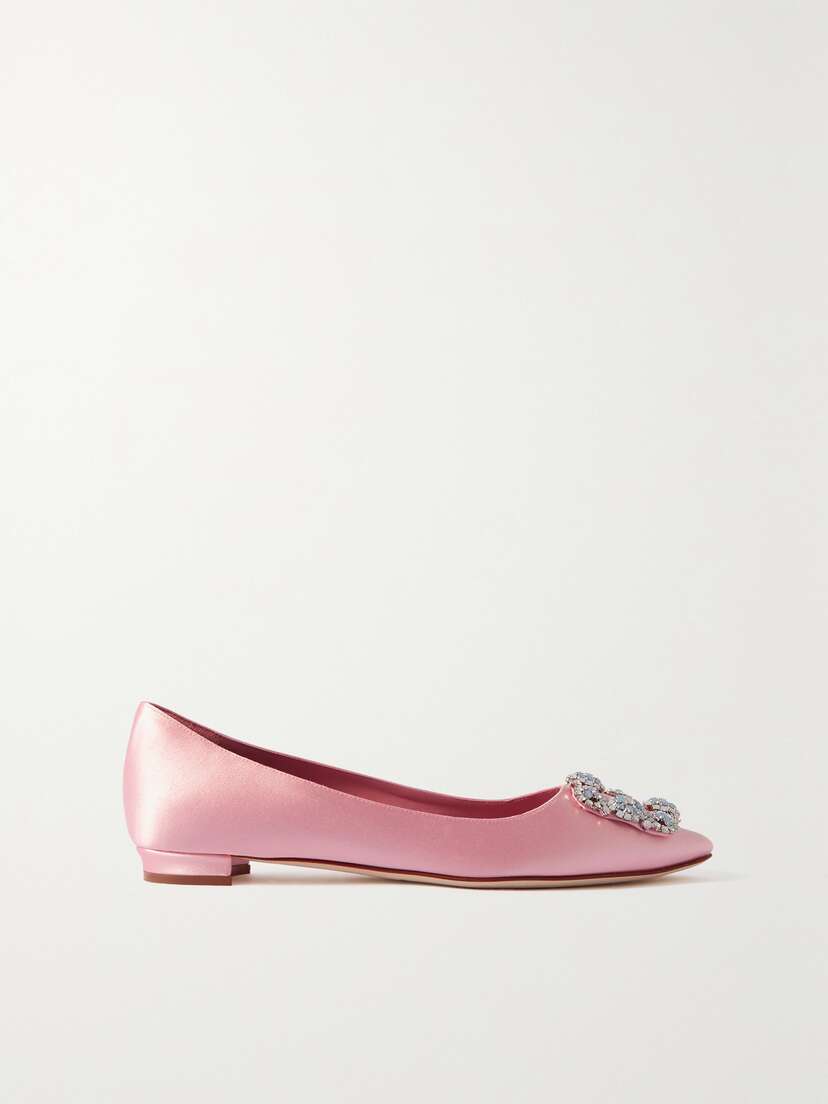 Manolo Blahnik Hangisi Crystal-embellished Satin Point-toe Flats