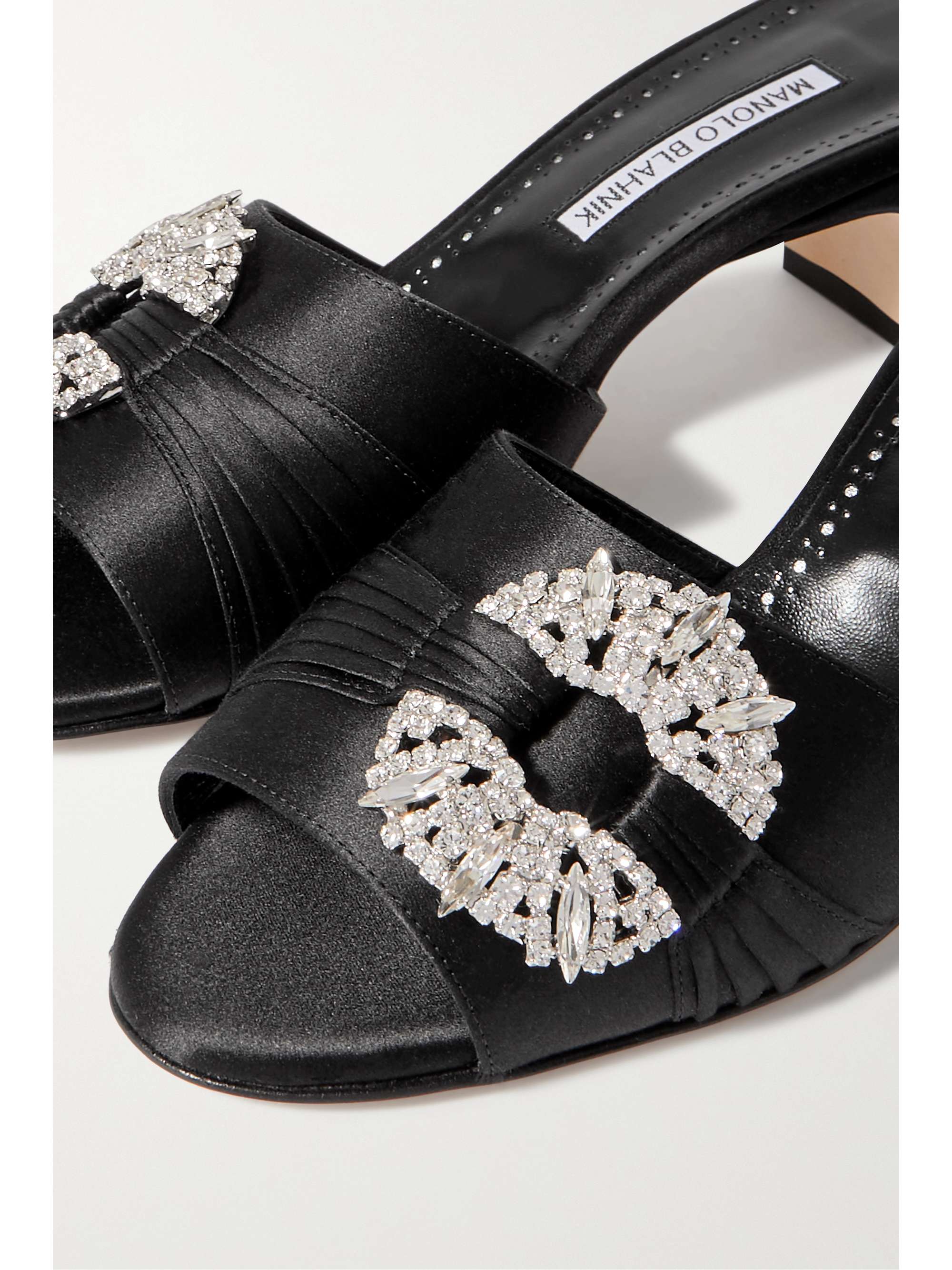 Manolo Flats Mules Crystal Black Silk Satin 327467