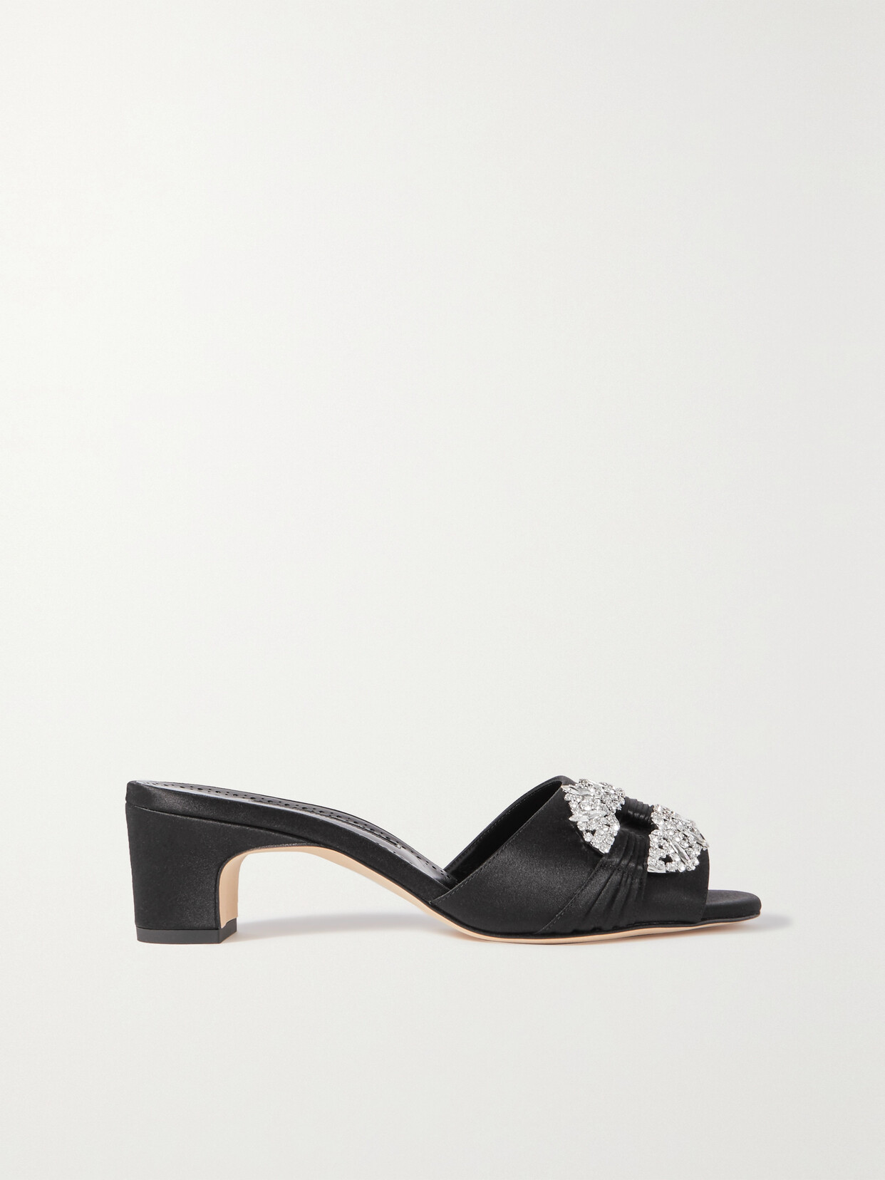 Shop Manolo Blahnik Prinap 50 Crystal-embellished Ruched Satin Mules In Black