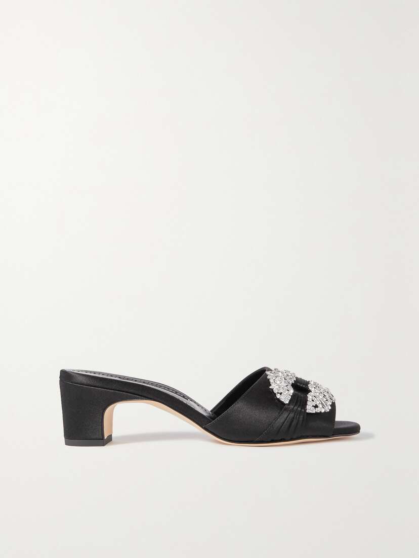 Manolo Blahnik Prinap 50 Crystal-embellished Ruched Satin Mules