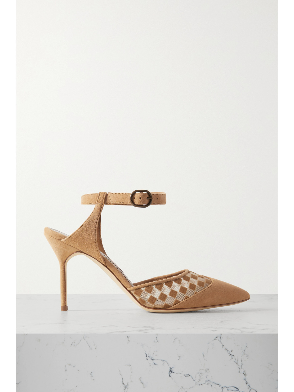 Manolo Blahnik - Mingonna 90 Suede And Flocked Mesh Pumps - Neutrals