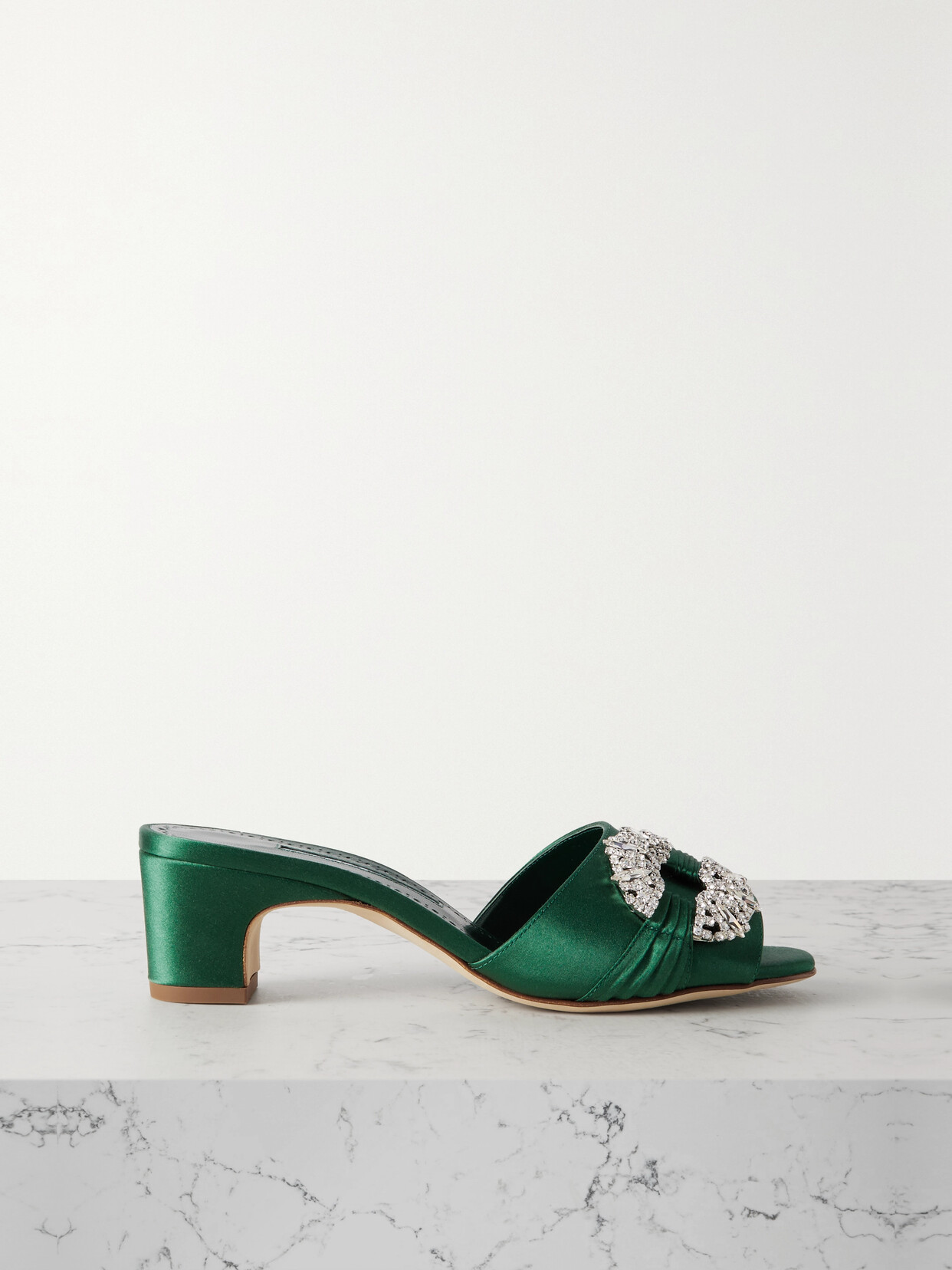 Manolo Blahnik Prinap 50 Crystal-embellished Ruched Satin Mules In Green