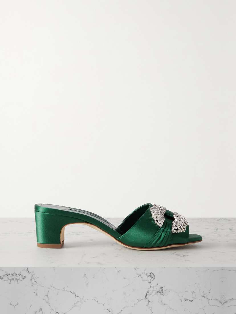 Manolo Blahnik Prinap 50 Crystal-embellished Ruched Satin Mules