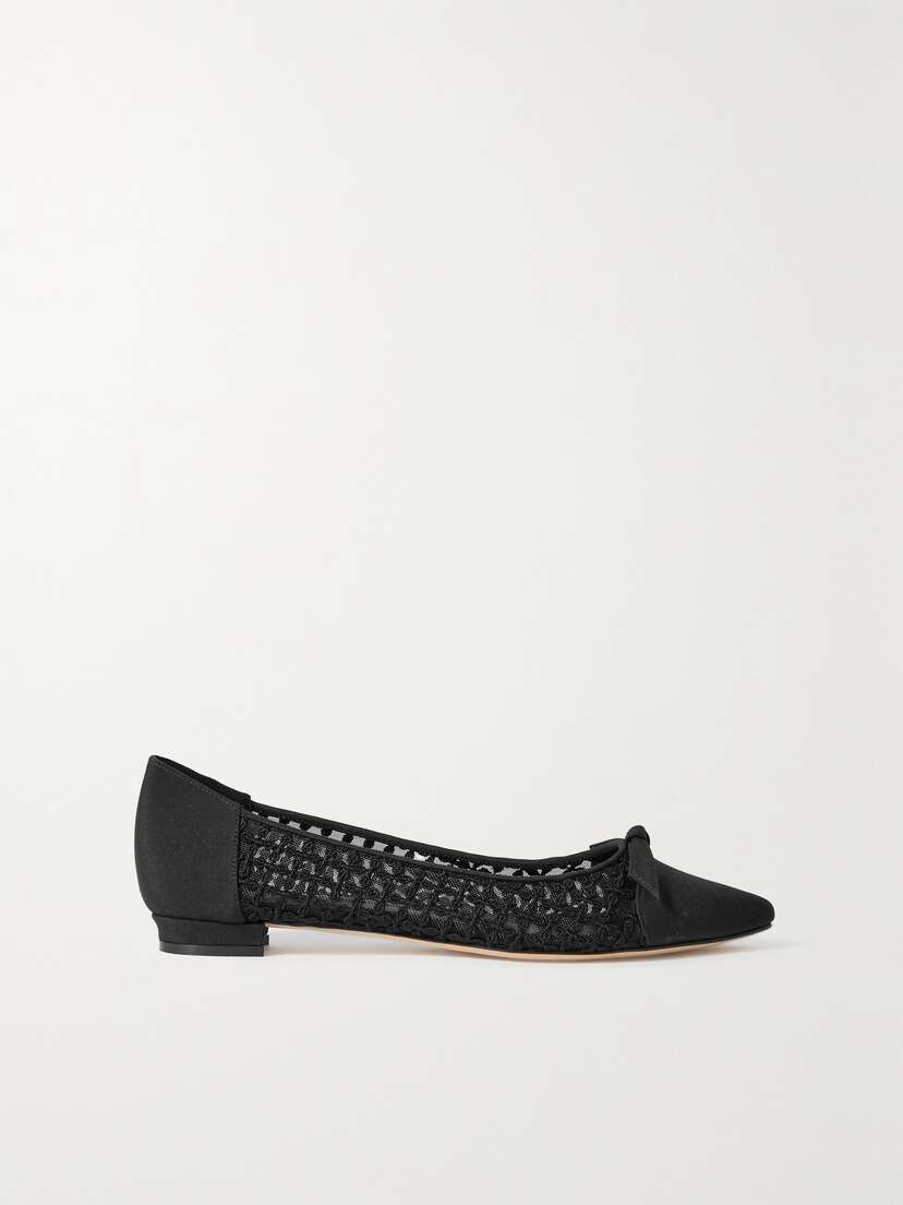 Manolo Blahnik Tiakala Lace-trimmed Mesh And Crepe De Chine Ballet Flats