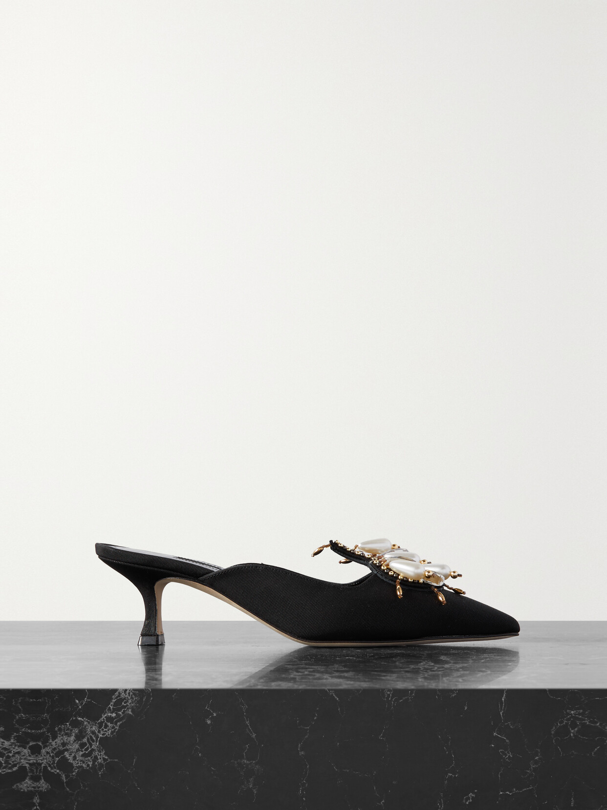 Manolo Blahnik 50 Embellished Grosgrain Mules In Black