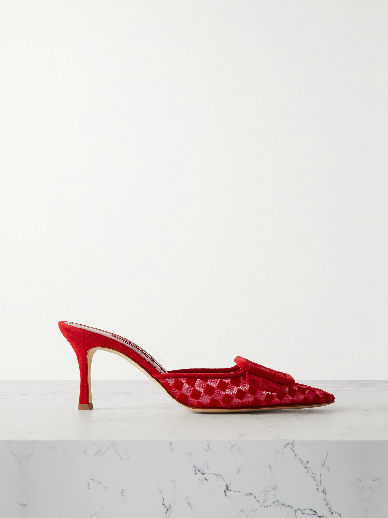 Manolo Blahnik Maysalebi 70 Buckled Checked Suede And Mesh Mules - Red