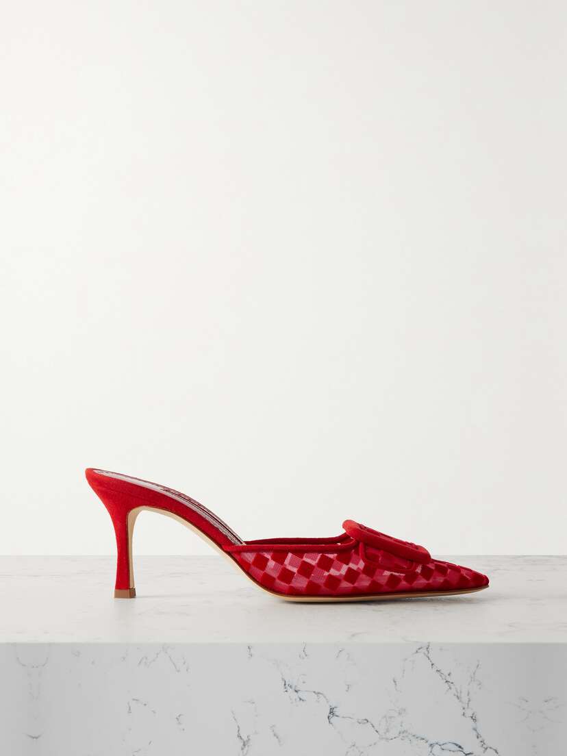 Manolo Blahnik Maysalebi 70 Buckled Checked Suede And Mesh Mules