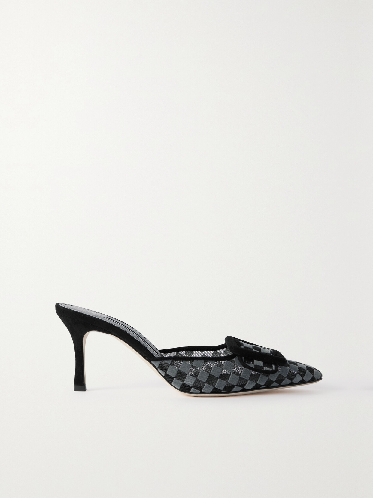 Manolo Blahnik Maysalebi 70 Buckled Checked Suede And Mesh Mules In Black