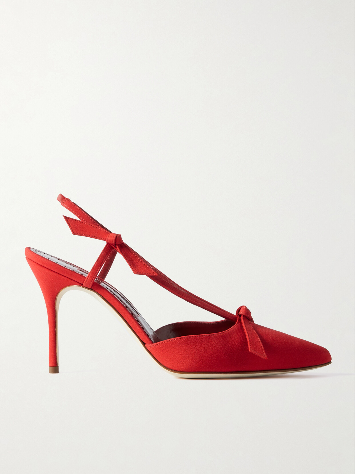 Shop Manolo Blahnik Corintia 90 Bow-embellished Crepe De Chine Slingback Pumps In Red