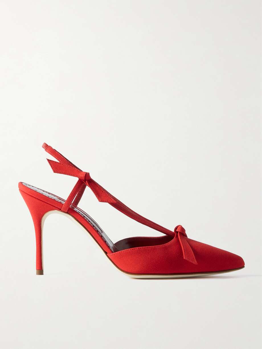 MANOLO BLAHNIK red Corintia 90 bow-embellished crepe de chine slingback pumps. 