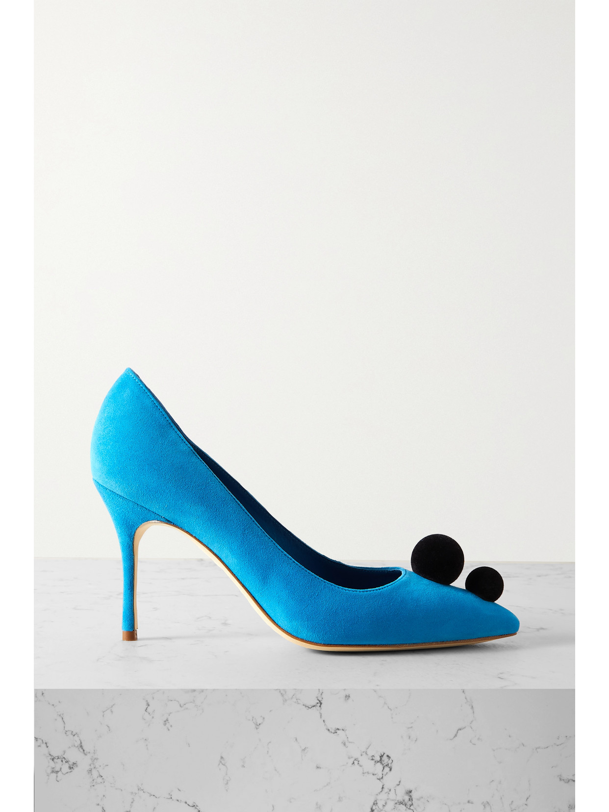 Manolo Blahnik Piera 105 Pom Pom-embellished Suede Pumps In Blue