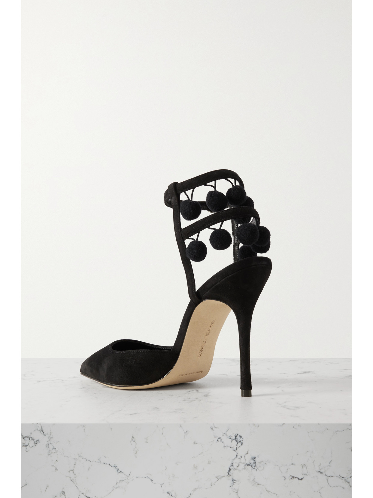 Manolo Blahnik Tumusami 105 Pom Pom-embellished Suede Pumps In Black