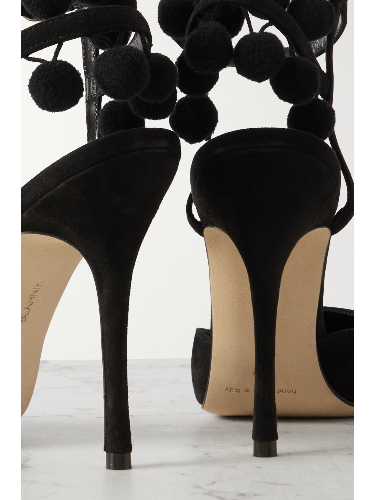 Shop Manolo Blahnik Tumusami 105 Pom Pom-embellished Suede Pumps In Black