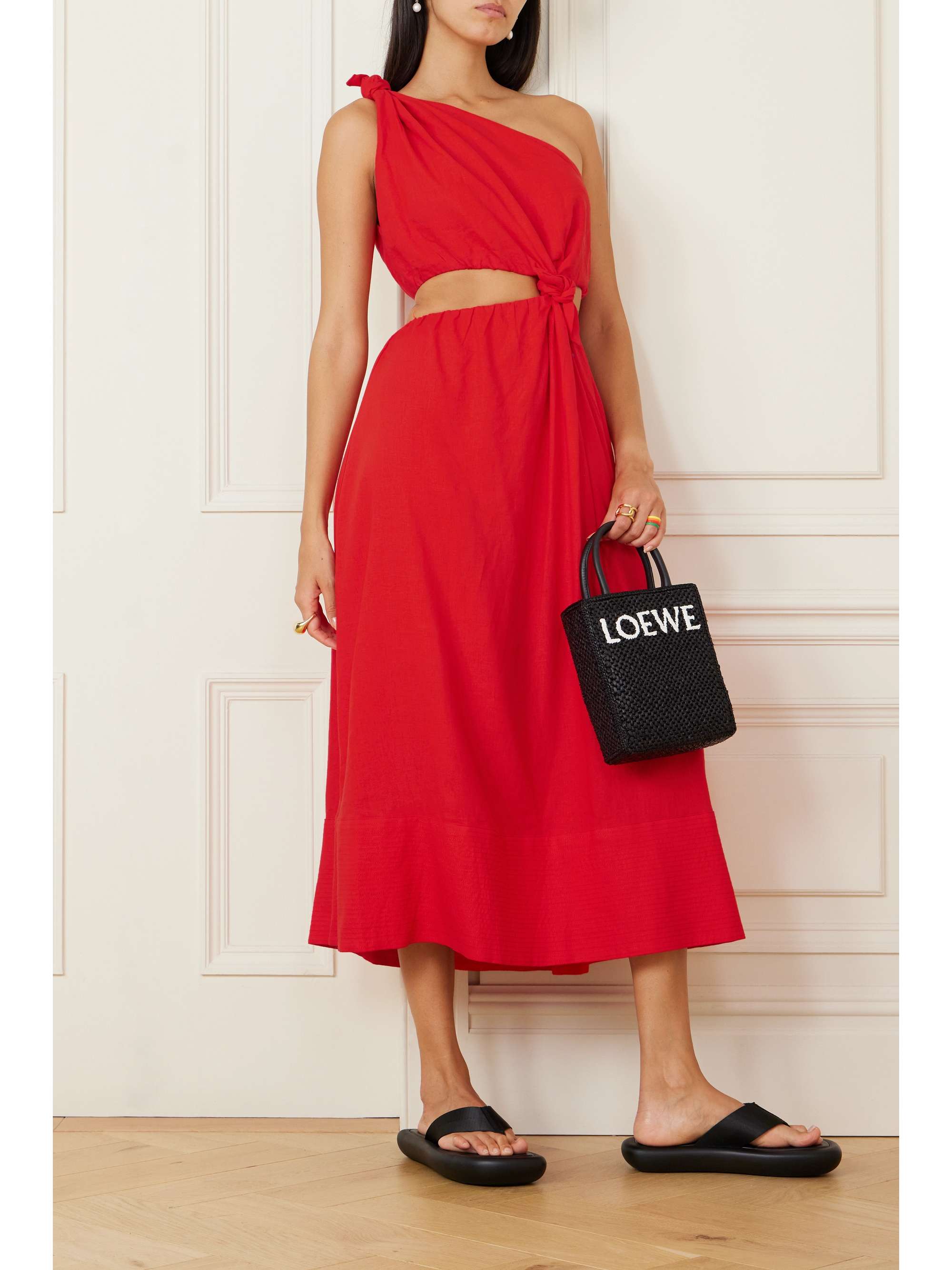 FARM RIO Oneshoulder cutout linenblend midi dress NETAPORTER