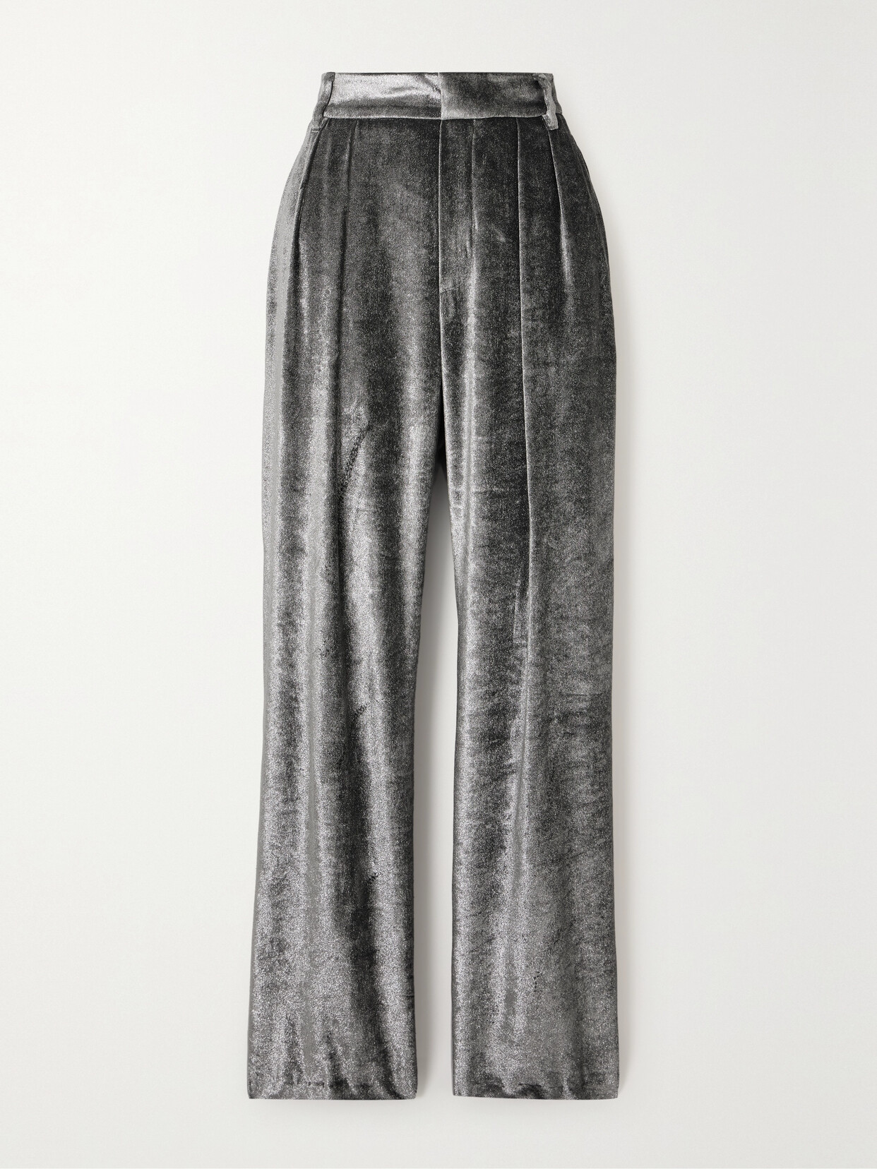 Brunello Cucinelli Pleated Shiny Velvet Fluid Wide-leg Trousers In Gray