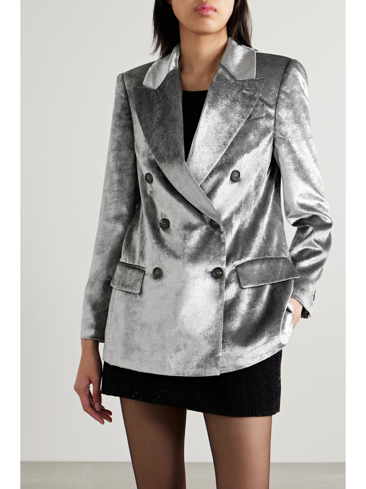 Shop Brunello Cucinelli Double-breasted Metallic Velvet Blazer In Silver