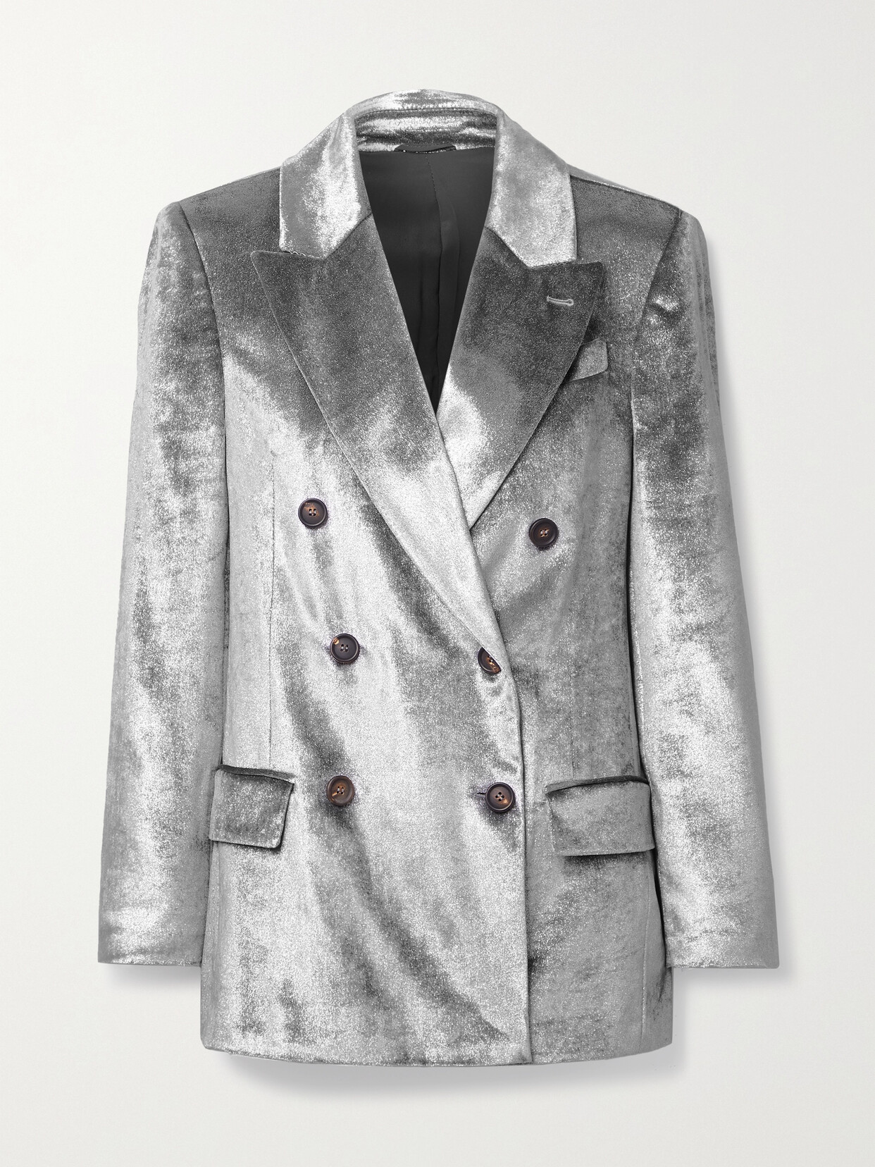 Brunello Cucinelli Double-breasted Metallic Velvet Blazer In Silver