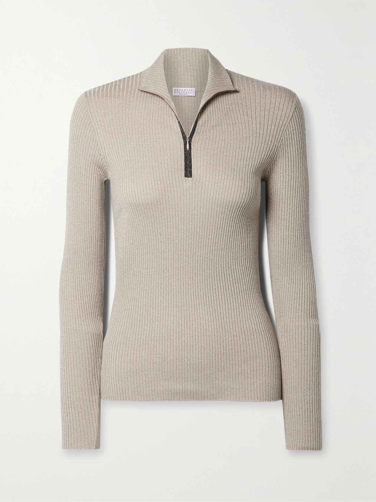 Brunello Cucinelli - Bead-embellished Ribbed Metallic Cashmere-blend Sweater - Brown