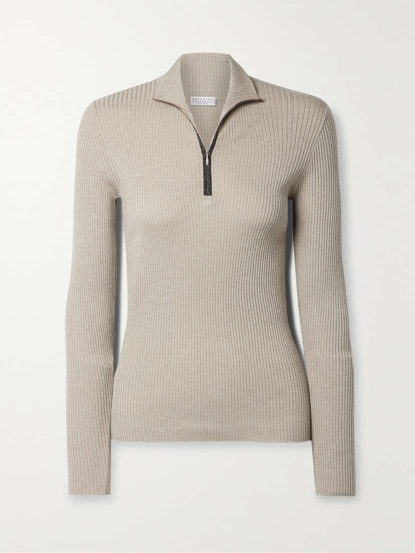 Brunello Cucinelli Bead-embellished Ribbed Metallic Cashmere-blend Sweater - x large