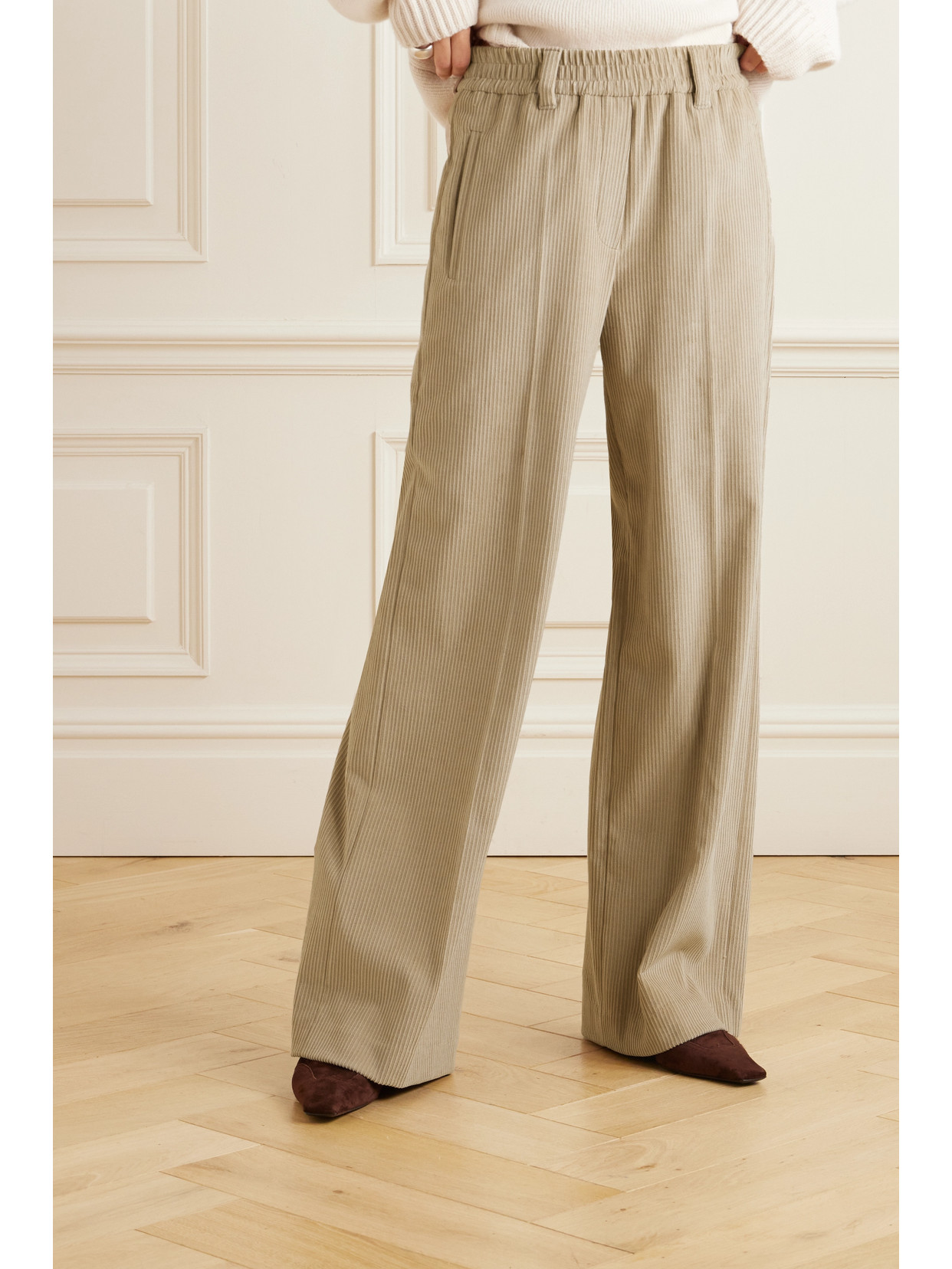 Shop Brunello Cucinelli Cotton-blend Corduroy Wide-leg Pants In Neutrals