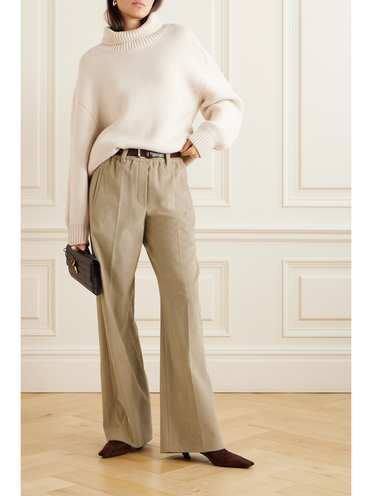 Shop Brunello Cucinelli Cotton-blend Corduroy Wide-leg Pants In Neutrals