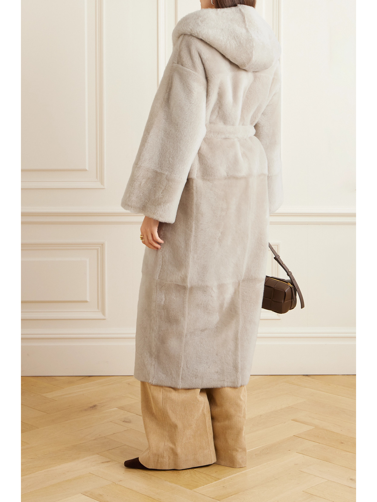 Brunello Cucinelli Persian Lamb Shearling Velour Belted Wrap Coat In Neutrals