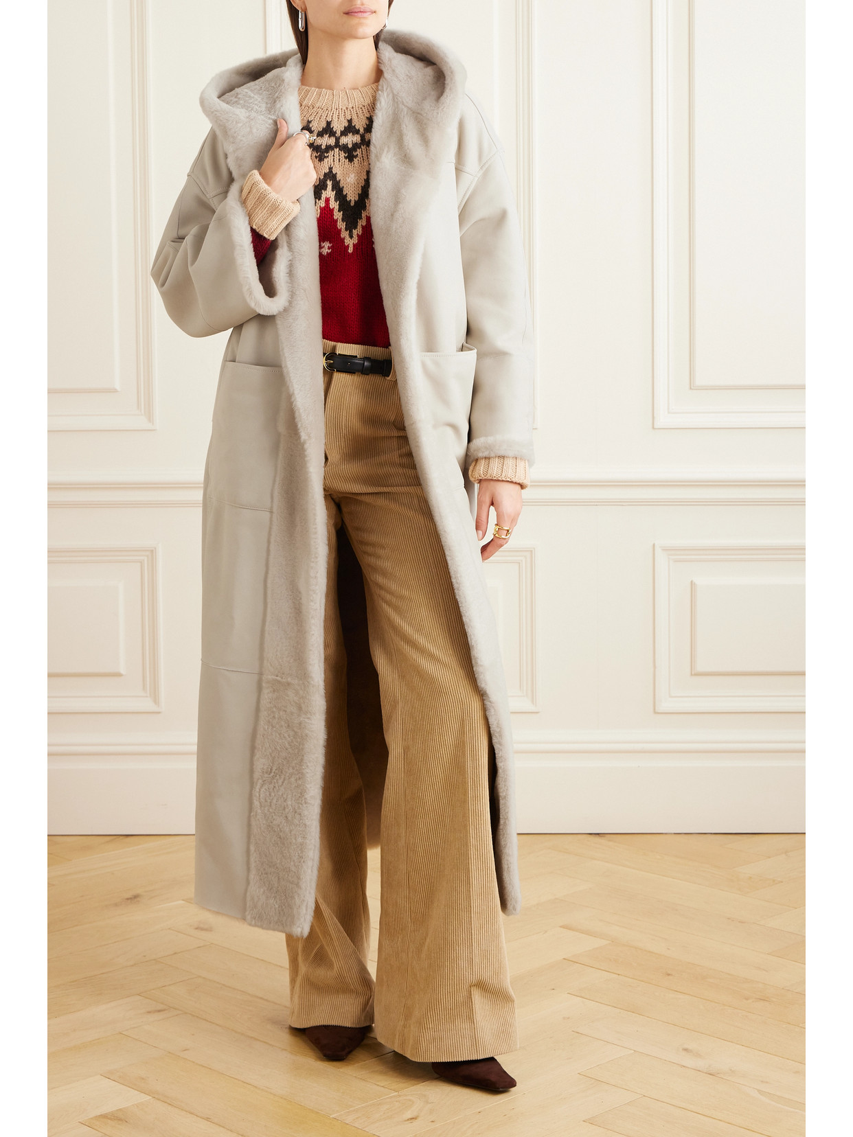 Brunello Cucinelli Persian Lamb Shearling Velour Belted Wrap Coat In Neutrals