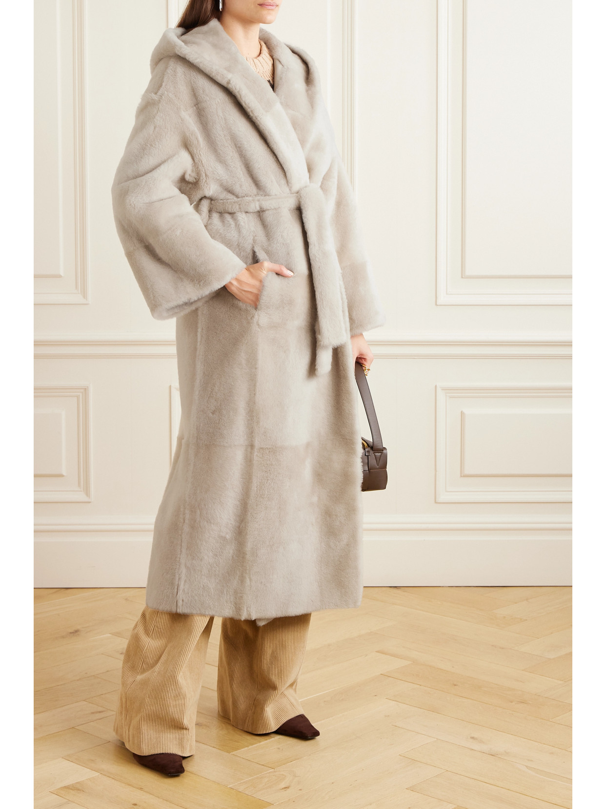 Brunello Cucinelli Persian Lamb Shearling Velour Belted Wrap Coat In Neutrals