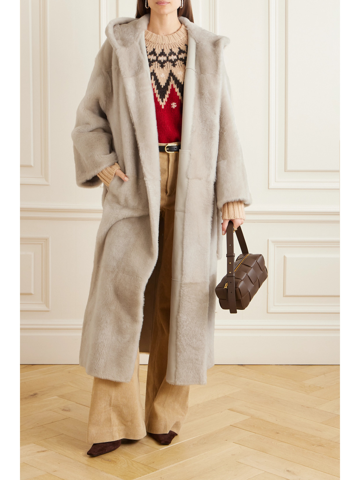 Brunello Cucinelli Persian Lamb Shearling Velour Belted Wrap Coat In Neutrals
