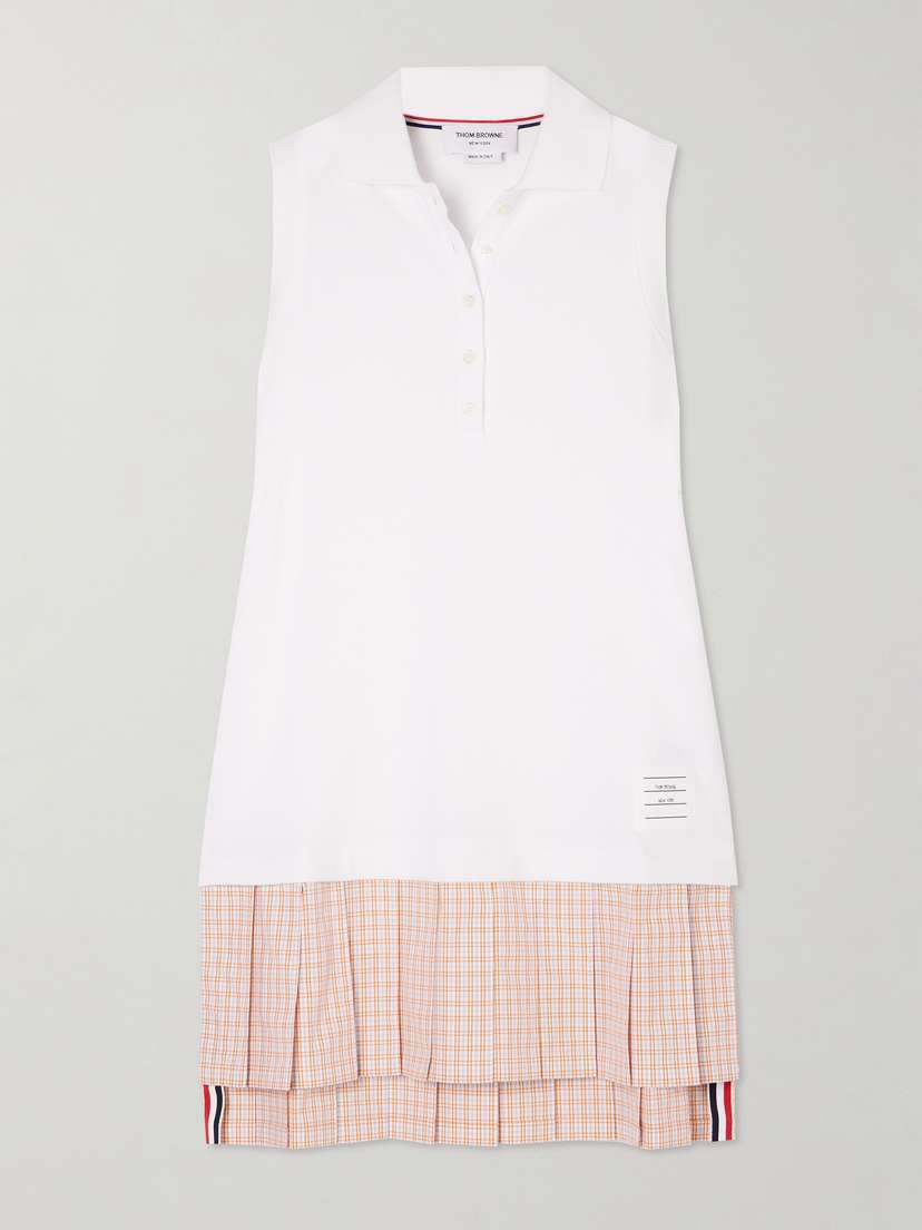 Thom Browne Pleated Checked Cotton-poplin And Cotton-pique Mini Dress