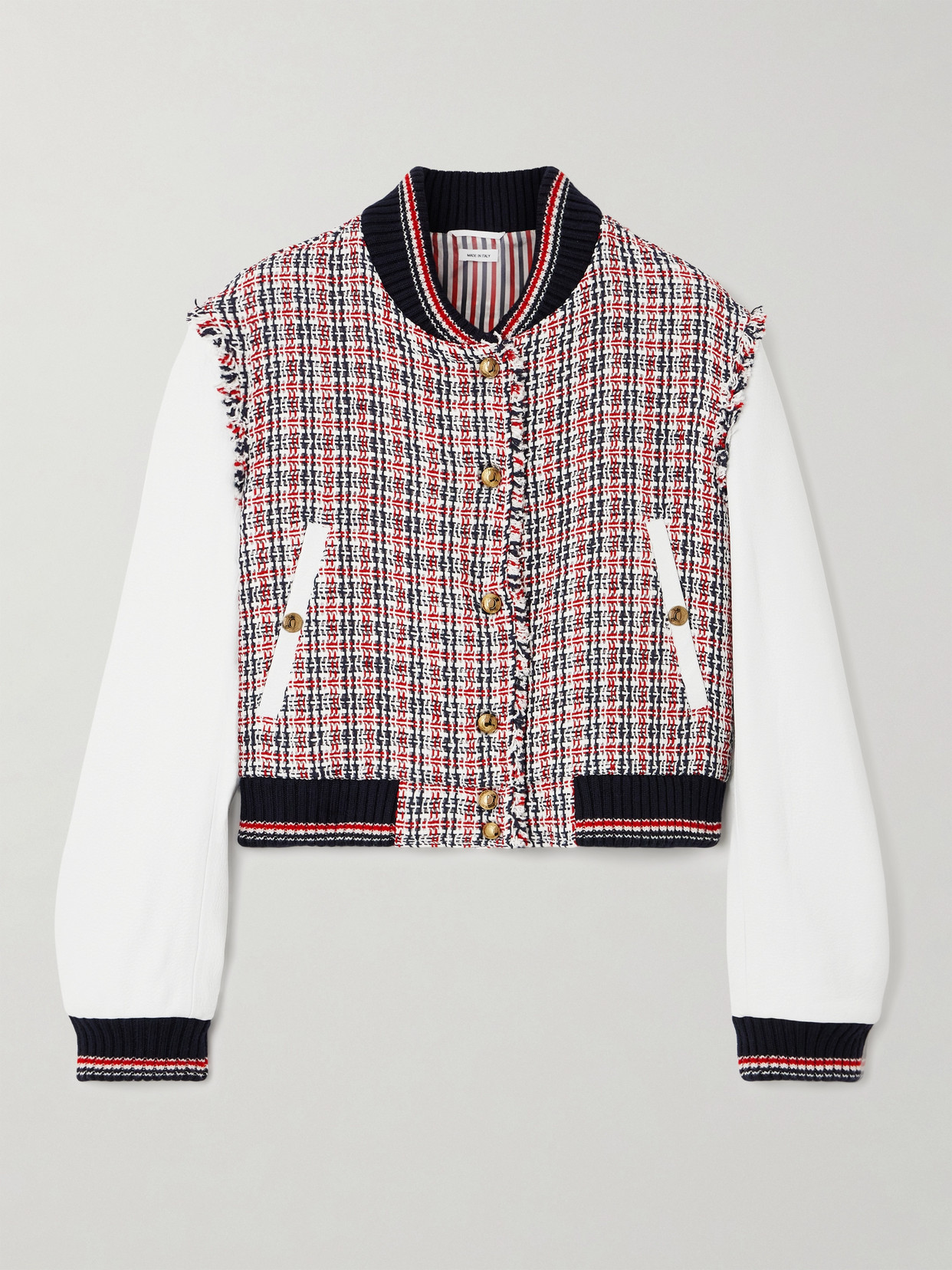 Shop Thom Browne Cropped Frayed Tweed And Leather Bomber Jacket In Multi