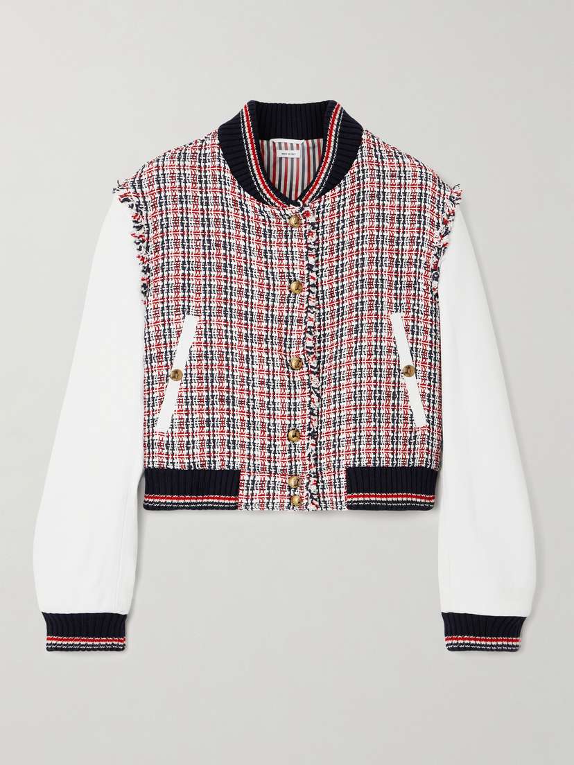 Thom Browne Cropped Frayed Tweed And Leather Bomber Jacket