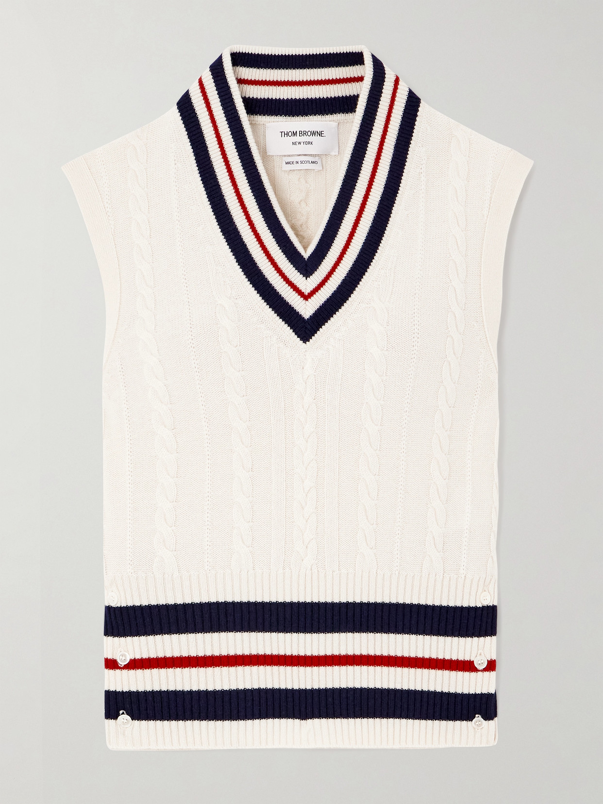 Thom Browne Button-detailed Striped Cable-knit Cashmere Vest In White