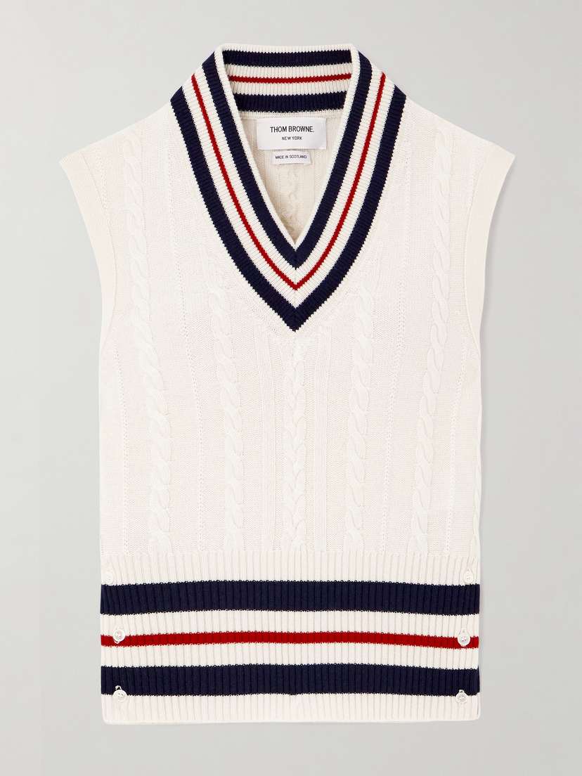 Thom Browne Button-detailed Striped Cable-knit Cashmere Vest