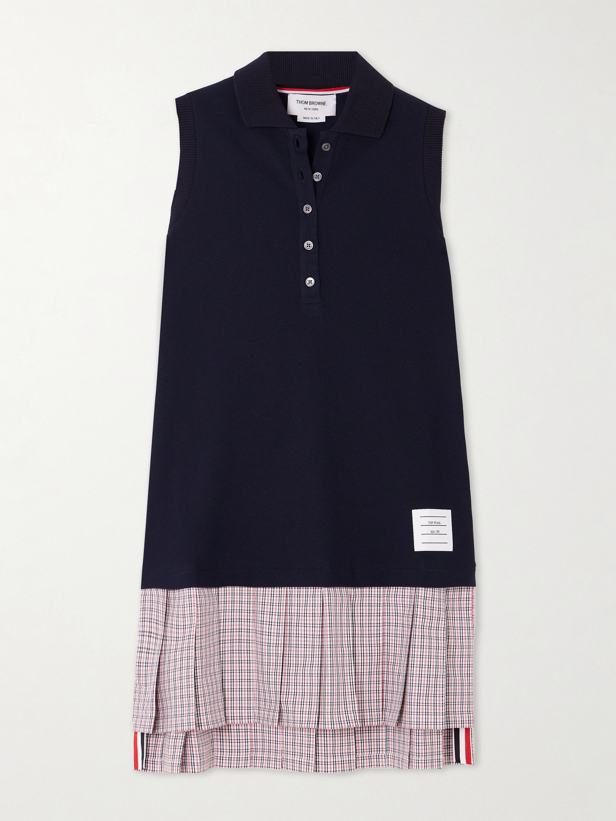 Shop Thom Browne Pleated Checked Cotton-poplin And Cotton-piqué Mini Dress In Blue