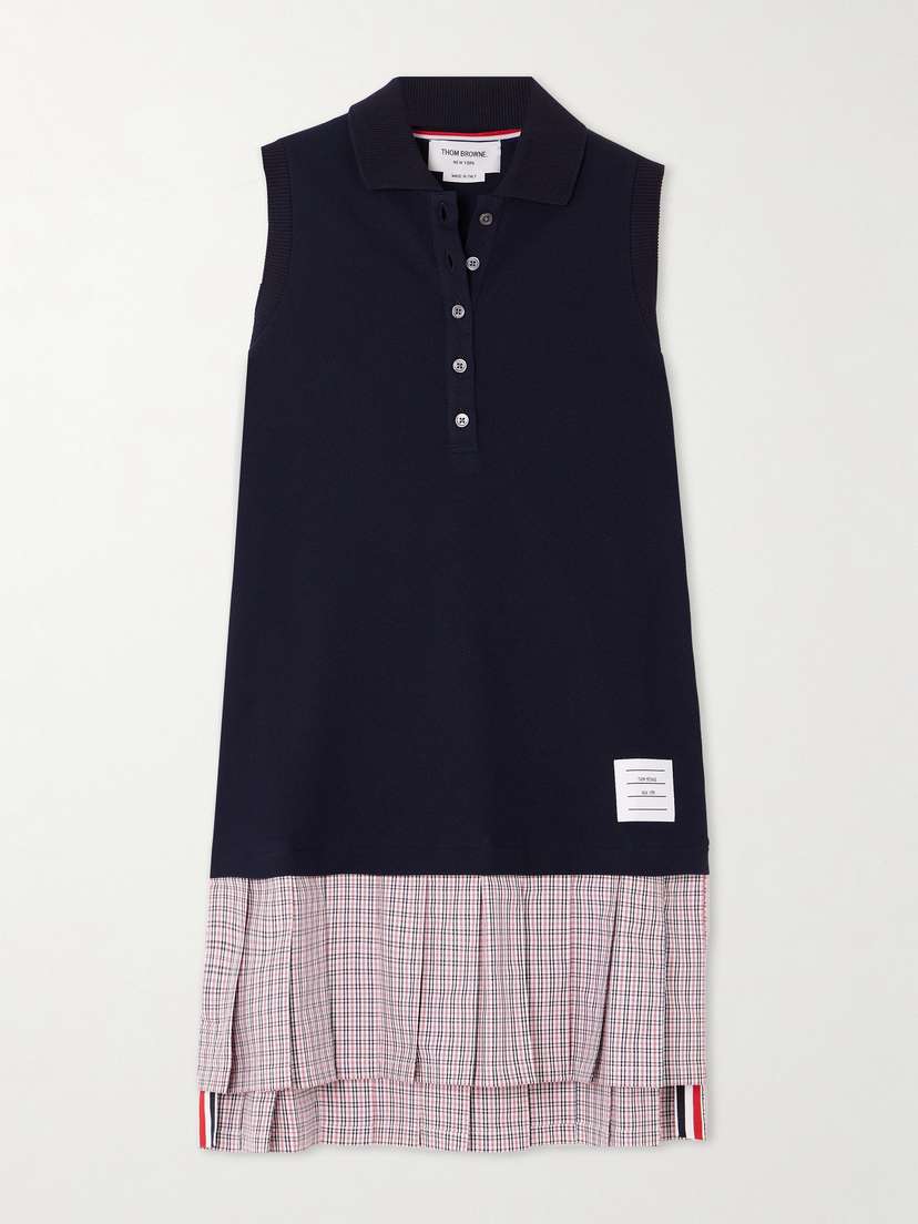 Thom Browne Pleated Checked Cotton-poplin And Cotton-piqué Mini Dress