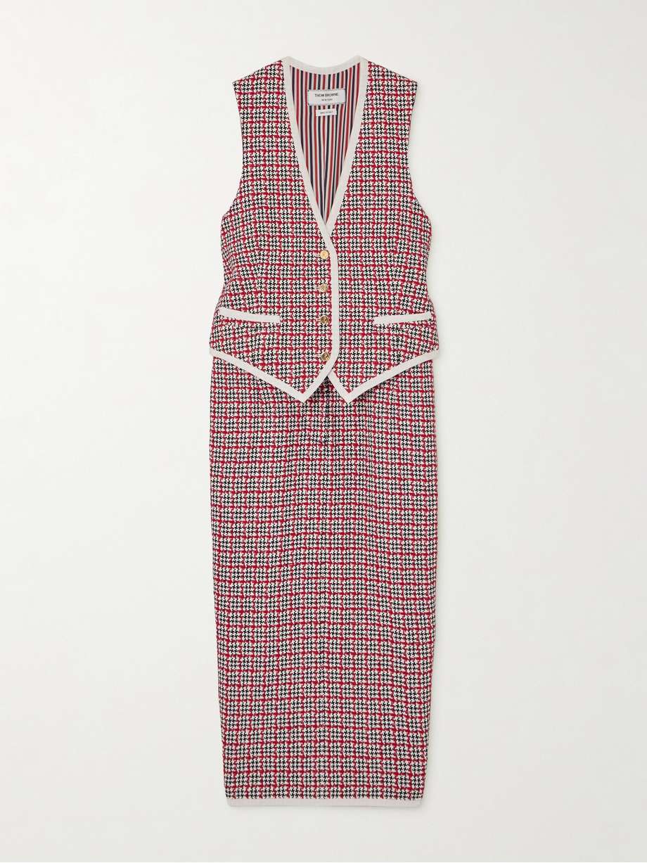 grosgrain-trimmed checked cotton-tweed midi dress