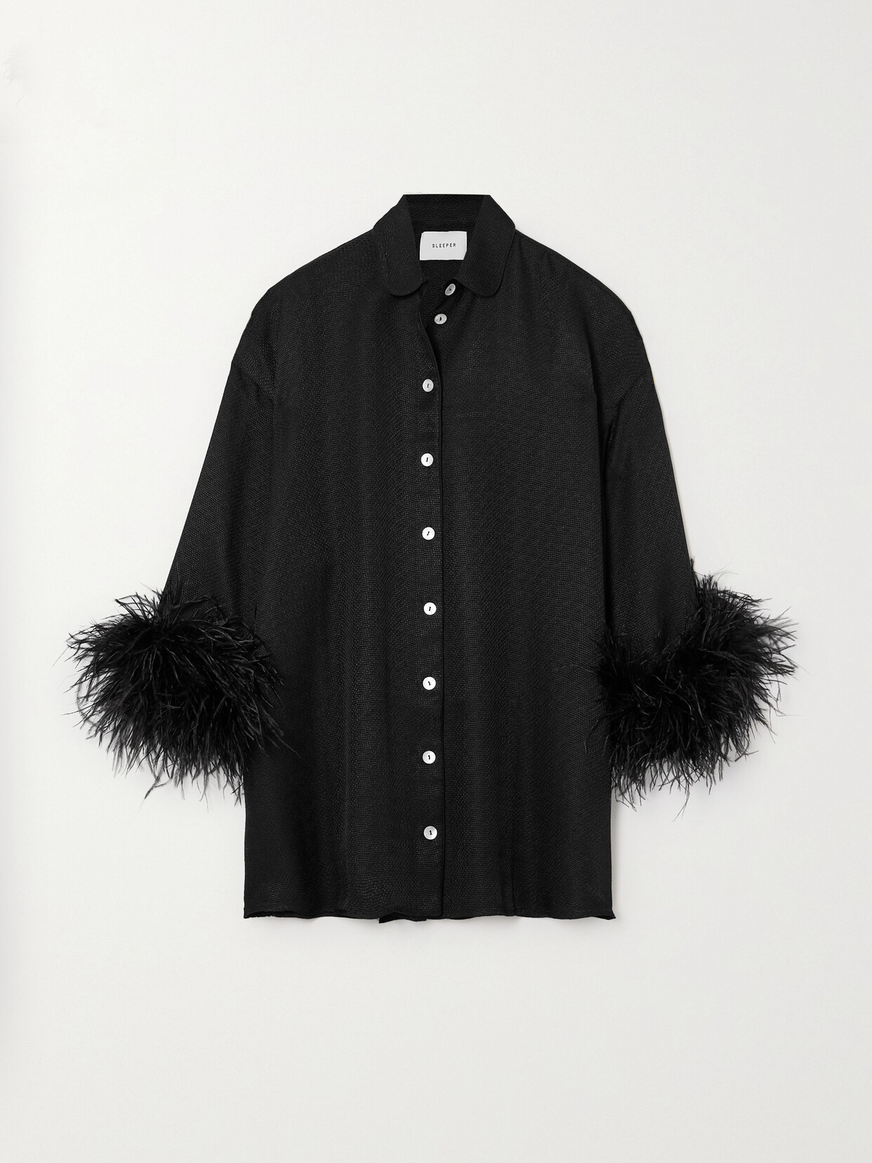 Sleeper - + Net Sustain Pastelle Feather-trimmed Jacquard Shirt Dress - Black