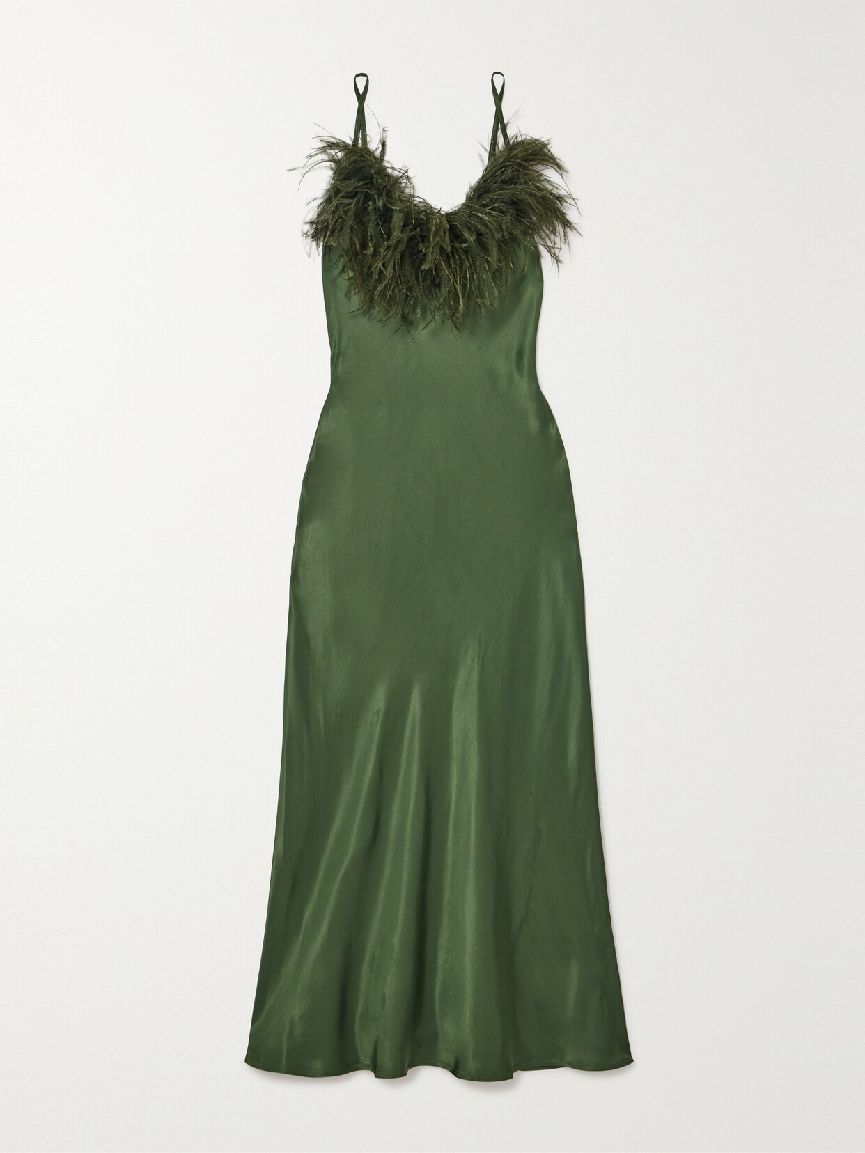 Shop Sleeper + Net Sustain Boheme Feather-trimmed Lenzing™ Ecovero™-satin Maxi Dress In Green