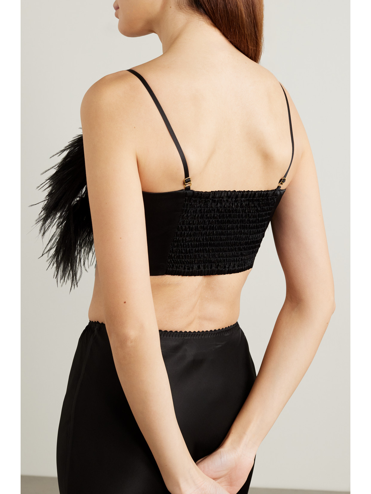 Sleeper + Net Sustain Boheme Cropped Feather-trimmed Lenzing™ Ecovero™ Satin Top In Black