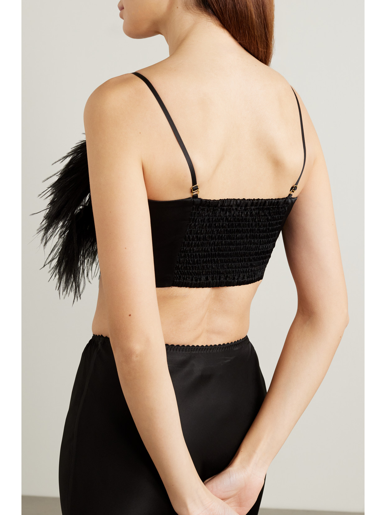 Shop Sleeper + Net Sustain Boheme Cropped Feather-trimmed Lenzing™ Ecovero™ Satin Top In Black