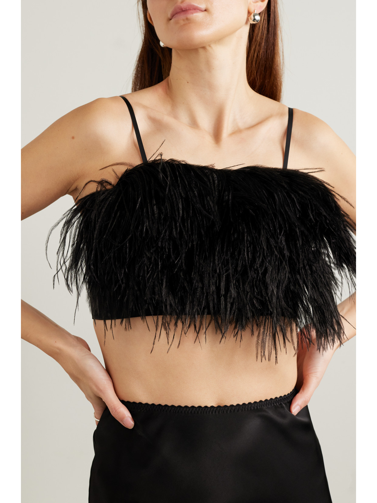 Shop Sleeper + Net Sustain Boheme Cropped Feather-trimmed Lenzing™ Ecovero™ Satin Top In Black